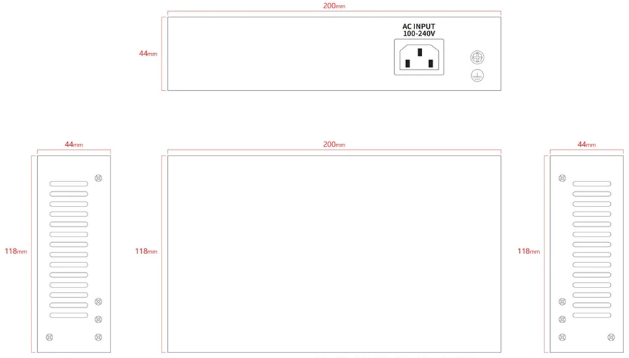 NSW2010-10T-POE-S-IN dimension drawing, 200 x 118 x 44 mm