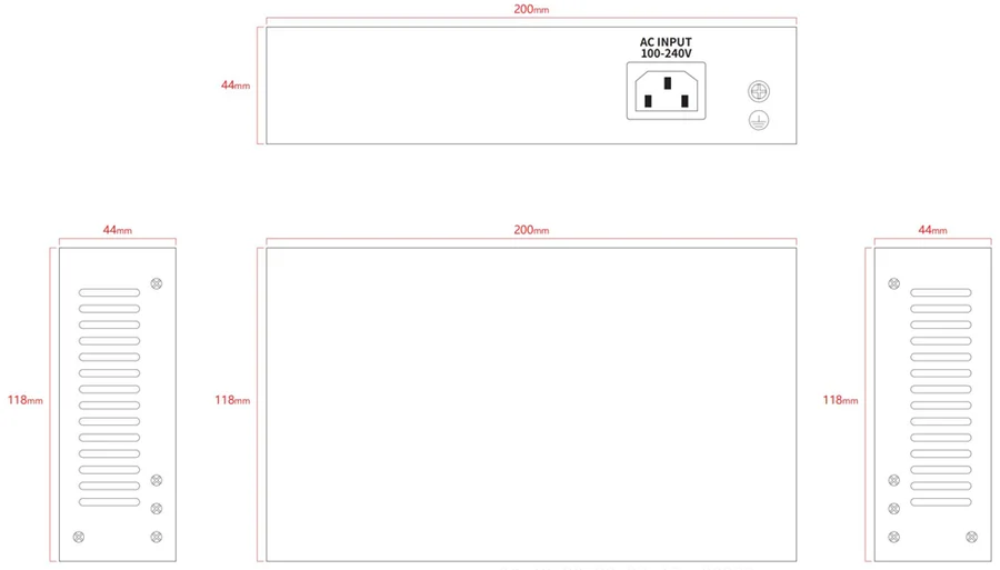 NSW2010-6T-POE-S-IN dimension drawing, 200 x 118 x 44 mm