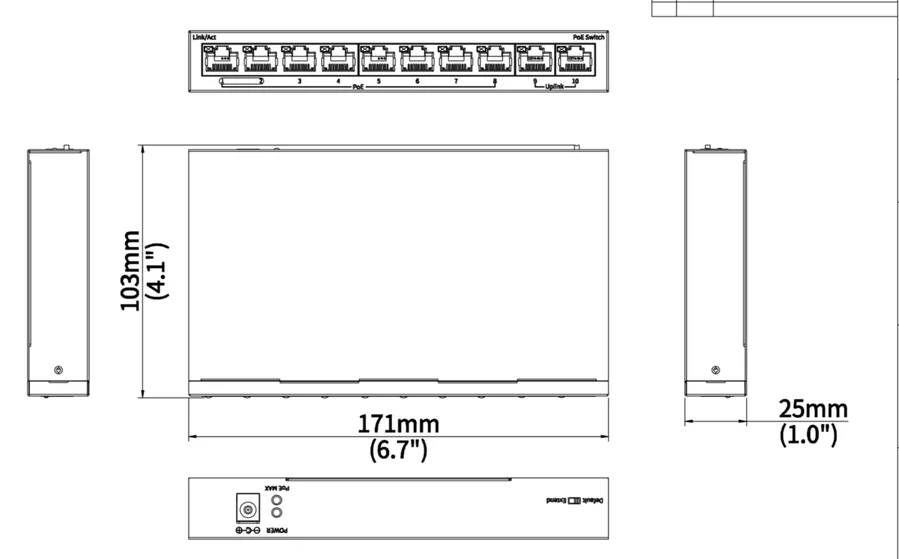 NSW2020-10T-POE-IN dimension drawing, 171 x 103 x 25 mm