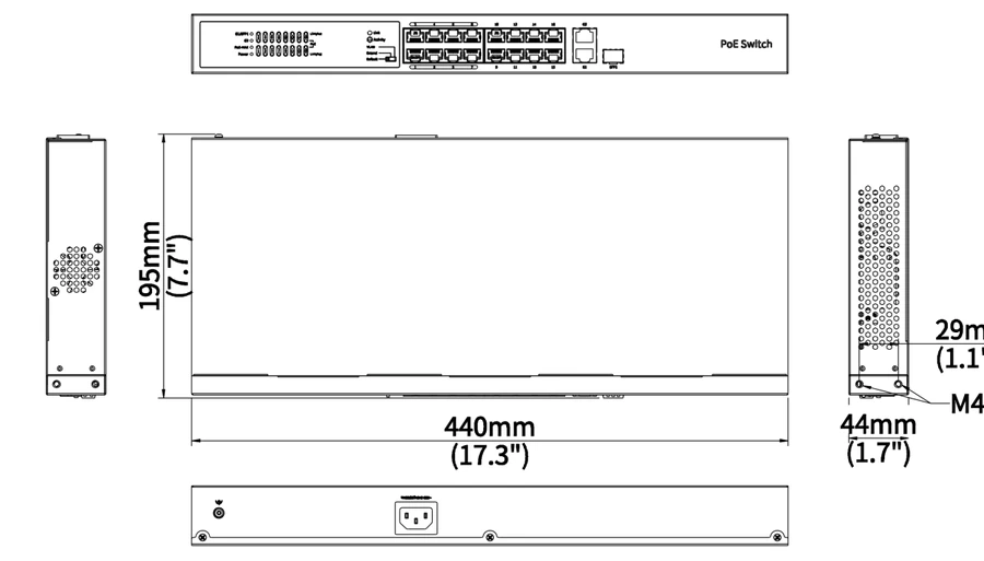 NSW2020-16T1GT1GC-POE-IN dimension drawing, 440 x 195 x 44 mm