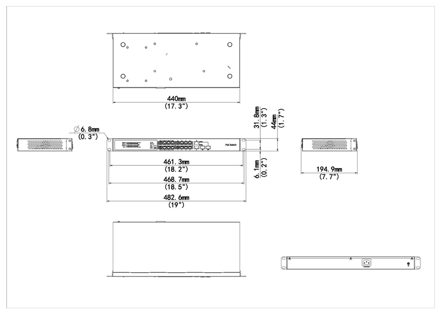 NSW2020-16T2GC-LPOE-IN dimension drawing, 440 x 190 x 44 mm