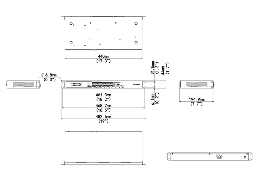NSW2020-16T2GC-POE-IN dimension drawing, 440 x 190 x 44 mm