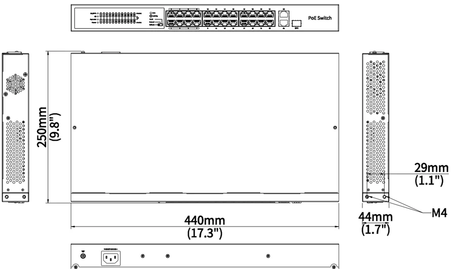 NSW2020-24T1GT1GC-POE-IN dimension drawing, 440 x 250 x 44 mm