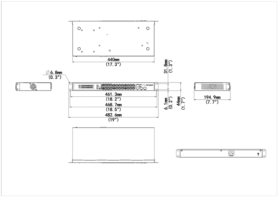 NSW2020-24T2GC-LPOE-IN dimension drawing, 440 x 195 x 44 mm