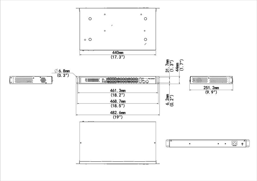 NSW2020-24T2GC-POE-IN dimension drawing, 440 x 245 x 44 mm