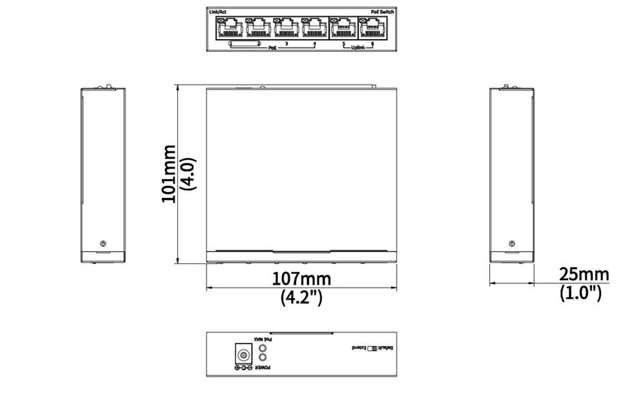 NSW2020-6T-POE-IN dimension drawing, 107 x 101 x 25 mm