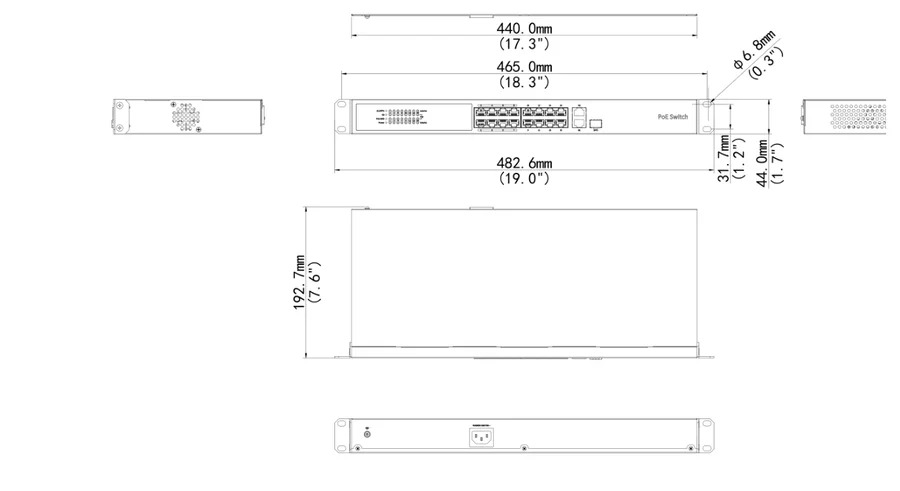 NSW3000-16T1GT1GC-LPOE-IN dimension drawing, 440 x 189.8 x 44 mm