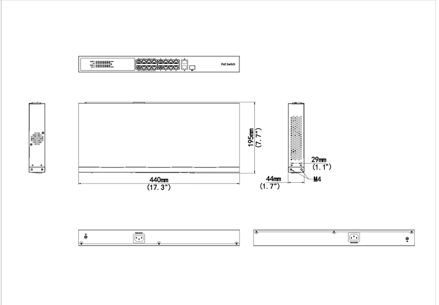 NSW3000-16T1GT1GC-POE-IN dimension drawing, 440 x 189.8 x 44 mm