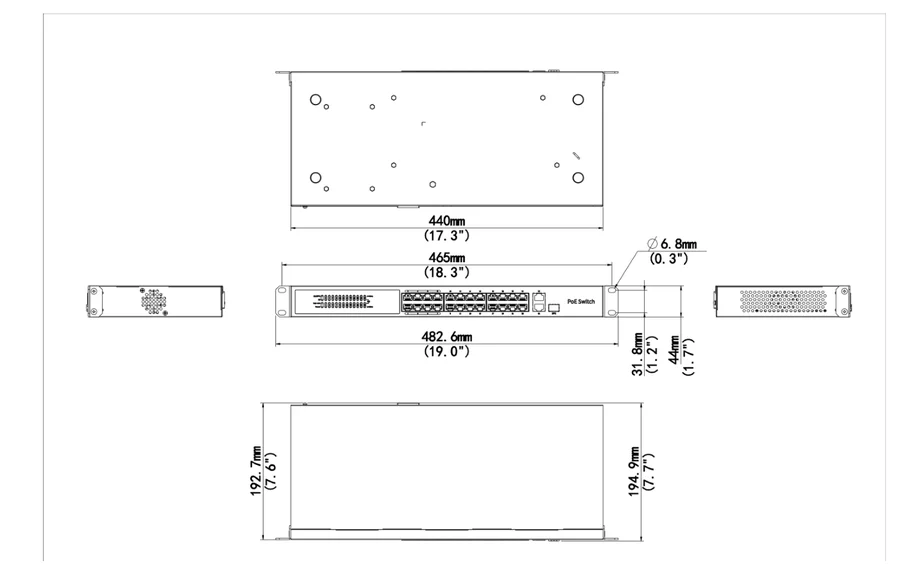 NSW3000-24T1GT1GC-LPOE-IN dimension drawing, 440 x 244.8 x 44 mm