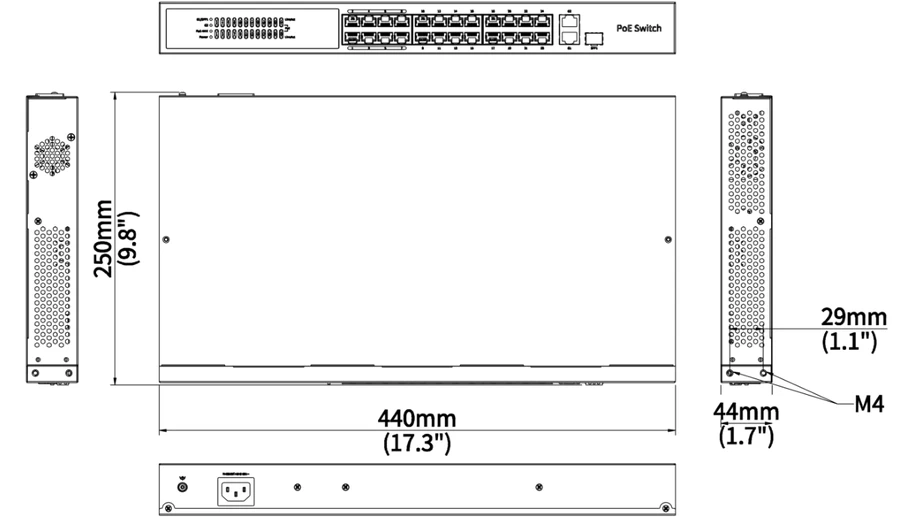 NSW3000-24T1GT1GC-POE-IN dimension drawing, 440 x 244.8 x 44 mm